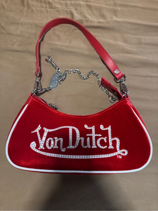 Von Dutch Handbags - Von Dutch Red Velvet Logo Mini Shoulder Bag with White Trim